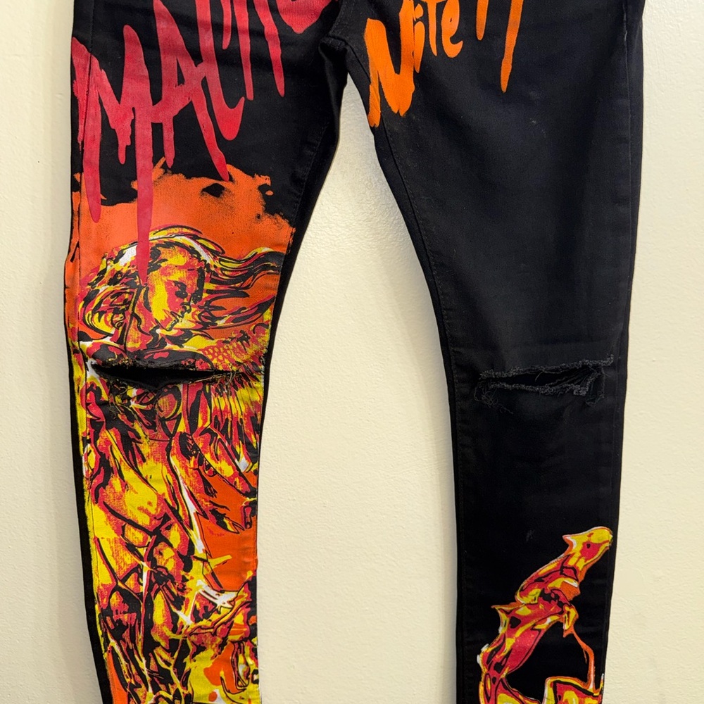 MacKeen MK 200 Jet Black Graphic Jeans Paint Drip Distressed Streetwear‎ - Picture 4 of 11
